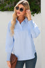 Gray Pinstripe Long Sleeve Smocked Cuffs Button Shirt Collar Blouse