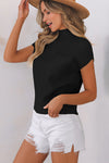 Black Patch Pocket Ribbed Knit Short Sleeve Sweater