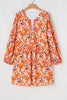 Orange Floral Print Split V Neck Bubble Sleeve Plus Size Midi Dress