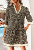 Black Leopard Print Striped Color Block Trim V Neck Bracelet Sleeve Mini Dress
