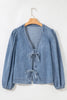Dusk Blue Tied Front Long Puff Sleeve Denim Top