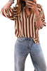 Brown Stripe V Neck Half Sleeve Casual Blouse