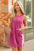 Rose Red Corduroy Sleeveless Mini Dress With Patched Pockets
