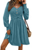 Chestnut Shirred Cuff Long Sleeve Button Round Neck Mini Dress