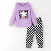 GIRLS HALLOWEEN SPOOKY VIBES PRINT HOODIE CHECKERED TROUSERS SET