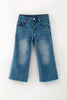 Straight Cut Denim Pants w/ adjustable waistband & distressed hem