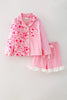 Pink Half Floral Half Stripe Printed Girls Pajamas