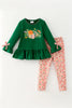 Dark Green Ruffle Sleeve Top and Floral Leggings
