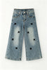 Rhinestones & Bow Printed Straight Cut Denim Jeans