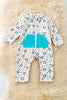 Blue Horse shoe printed baby bodysuit w/snapps & zipper.