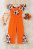 Orange jumpsuit with pumpkin applique and cow printed angel sleeve top.