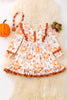 Pumpkin fall printed girls dress with angel sleeve.