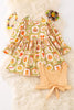 Multi printed pumpkin dress with vest.