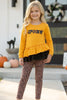 MUSTARD SPOOKY APPLIQUE RUFFLE TOP & ANIMAL PRINTED LEGGINGS.