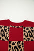Red Plus Size Leopard Contrasted Checkered Short Sleeve Sweater