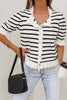 Beige Stripe Ruffle Trim Button Down Knit Short Sleeve Sweater Cardigan