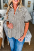 Black Stripe Polo Collar Half Zip Short Puff Sleeve Blouse