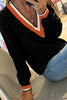 Black Contrast Striped Trim V Neck Varsity Sweater