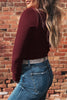 Coffee Ribbed Solid Color U Neck Cropped Long Sleeve Top