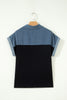 Black Color Block Denim Patchwork Button Polo Collar Short Sleeve Top