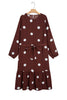 Brown Polka Dot Ruffled Hem Long Sleeve Tie Waist Plus Size Dress