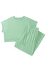 Mist Blue Solid Color Ribbed Trim Short Sleeve Top Drawstring Loose Pants 2pcs Outfit
