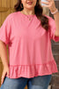 Peach Blossom Solid Color Raw Seam Detail Ruffle Hem Plus Size T Shirt