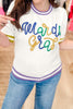 White Mardi Gras Tinsel Letter Graphic Short Sleeve Sweater