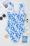 Blue Floral Ruffled Strap Lace-up Hollow Out One Piece Swimsuit