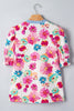 Beige Floral Print Short Puff Sleeve Striped Trim V Neck Blouse