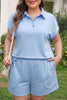 Mist Blue Solid Color Polo Tee Elastic Waist Shorts Plus Size Outfit