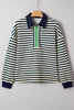 Navy Blue Striped Print Contrast Collar Zip V Neck Long Sleeve Top