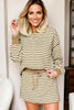 Brown Stripe Textured Drop Shoulder Pullover Top Drawstring Mini Skirt Two Piece Dress Set