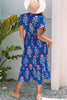 Blue Floral Puff Short Sleeve V Neck High Waist Maxi Dress