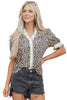 Black Leopard Print Striped Ruffled Color Block Trim V Neck Short Sleeve Blouse