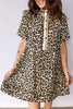 Multicolour Half Buttons Short Sleeve Loose Leopard Mini Dress with Pockets