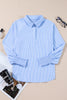 Gray Pinstripe Long Sleeve Smocked Cuffs Button Shirt Collar Blouse