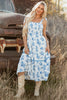 Sky Blue Floral Print Shirred Knot Shoulder Sleeveless Long Dress