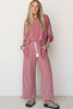 Fushia Raw Seam Patchwork Long Sleeve Top Pocket Casual Pants 2pcs Set