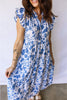 Blue Ruffled Short Sleeve Tiered Floral Midi Dress