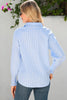 Gray Pinstripe Long Sleeve Smocked Cuffs Button Shirt Collar Blouse