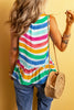 Rose Red Rainbow Stripes Ruffled Hem Drawstring V Neck Tank Top