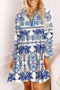 Blue Ethnic Print Striped Split Neck Long Sleeve Flowy Mini Dress