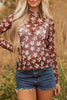 Red Mesh Star Print Mock Neck Sheath Long Sleeve Top