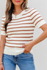 Khaki Stripe Scalloped Round Neck Short Sleeve Sweater