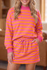Orange Stripe Color Block Patchwork Mock Neck Pullover Drawstring Mini Skort Set
