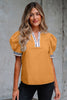 Buckskin Contrast Leopard Trim Split Neck Puff Sleeve Blouse