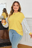 Yellow Stripe Striped Contrast Floral Sleeve Patchwork Plus Size Loose Top