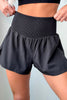 Black Solid Color Ribbed Patchwork High Waist Athletic Shorts