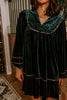 Blackish Green Leopard Trim Velvet Long Sleeve Shift Dress